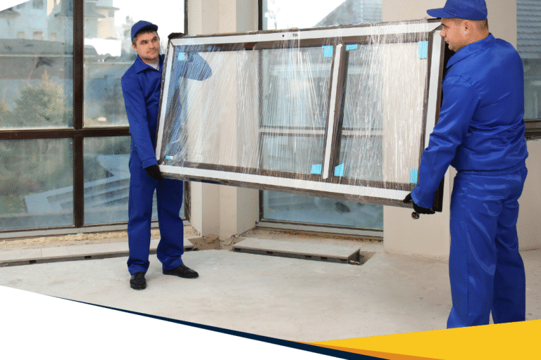 Luxplast – смяна на дограма, есенна кампания Двама монтажници пренасят опакован прозорец на обект; банер на Luxplast за есенна смяна на дограма.